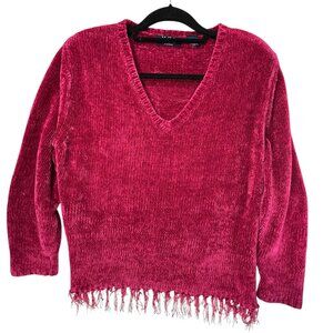 MHD Ladies Pink V Neck Fringe Hem Sweater Velour Large Soft Comfy Cozy Textured